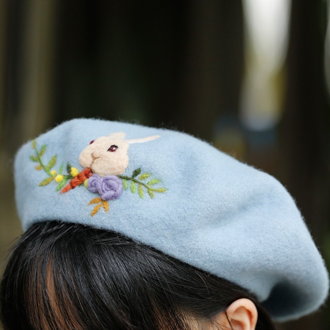 轲人秋冬季新款手工贝雷帽画家帽羊毛毡兔子图案女蓓蕾帽可爱甜美 - 帽子 - 羊毛 