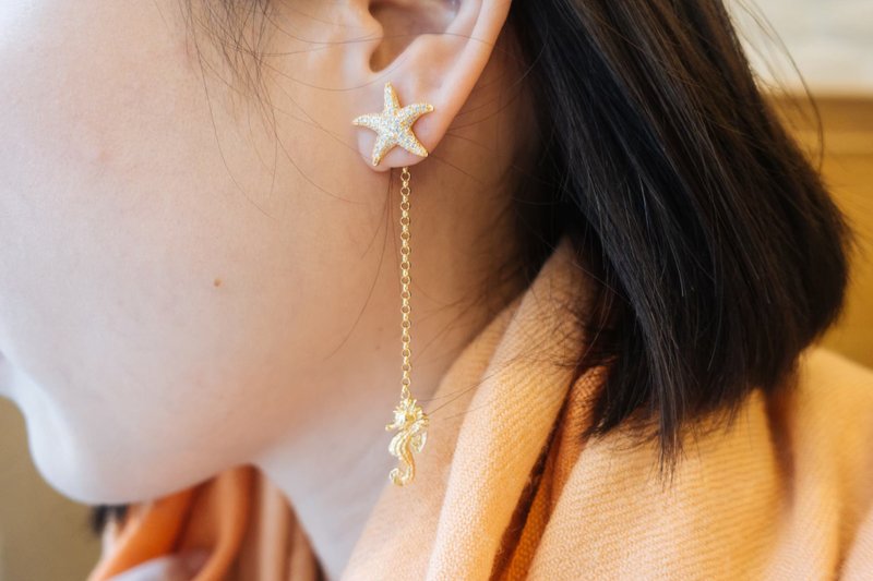 金色 鹦鹉螺系列 海星海马耳环 - 耳环/耳夹 - 纯银 金色