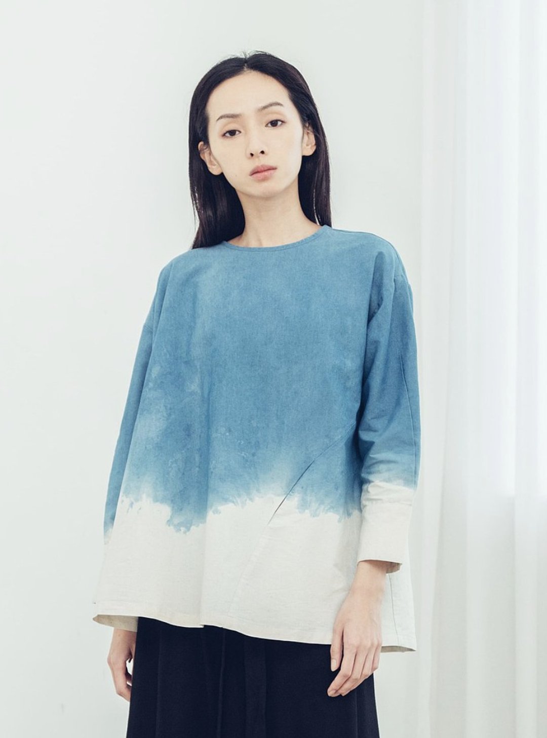 折衣 半开襟长袖上衣 (蓝染/茜草) Organic Cotton & Recycle - 女装上衣 - 棉 蓝色