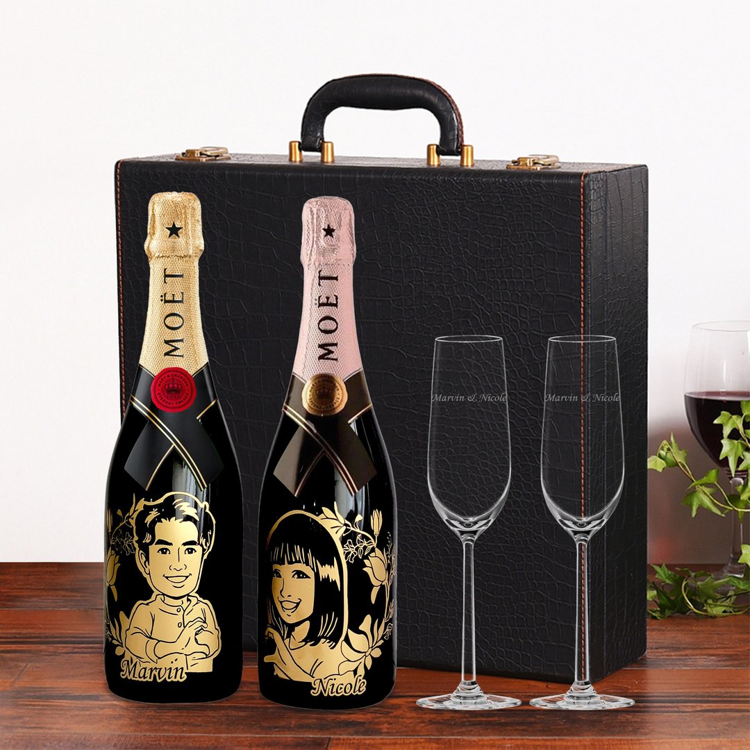 【情人节礼盒】Moet 香槟对杯套装 | 人像雕刻  情侣礼物新婚礼物 - 酒类 - 玻璃 