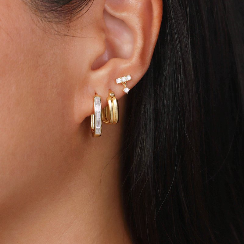 高級感純銀耳環ins設計感2025新款雙層設計方形耳扣耳飾女 - 耳环/耳夹 - 银 金色