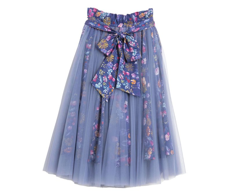 【波丽印花】平口小礼服 双层印花瀑布纱裙 两穿洋装 琉璃绀 - 裙子 - 其他材质 蓝色