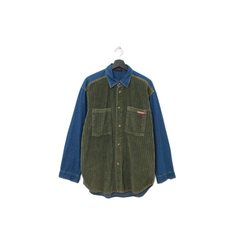 Back to Green-灯芯绒长袖衬衫 墨绿x牛仔拼接  DL-10//vintage - 男装衬衫 - 棉．麻 