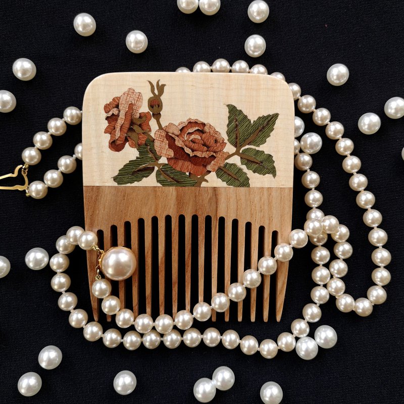 Wooden Rose decor hair comb / handmade flower decor mosaics inlay 木梳 - 其他 - 木头 金色