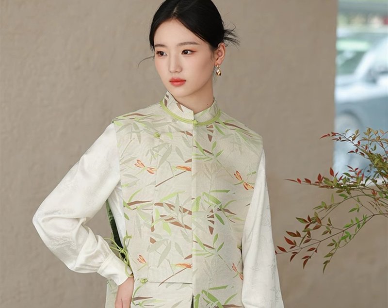 清竹 新中式中国风 琵琶襟肌理感撞色提花气质 背心/半裙 - 女装背心 - 其他材质 绿色