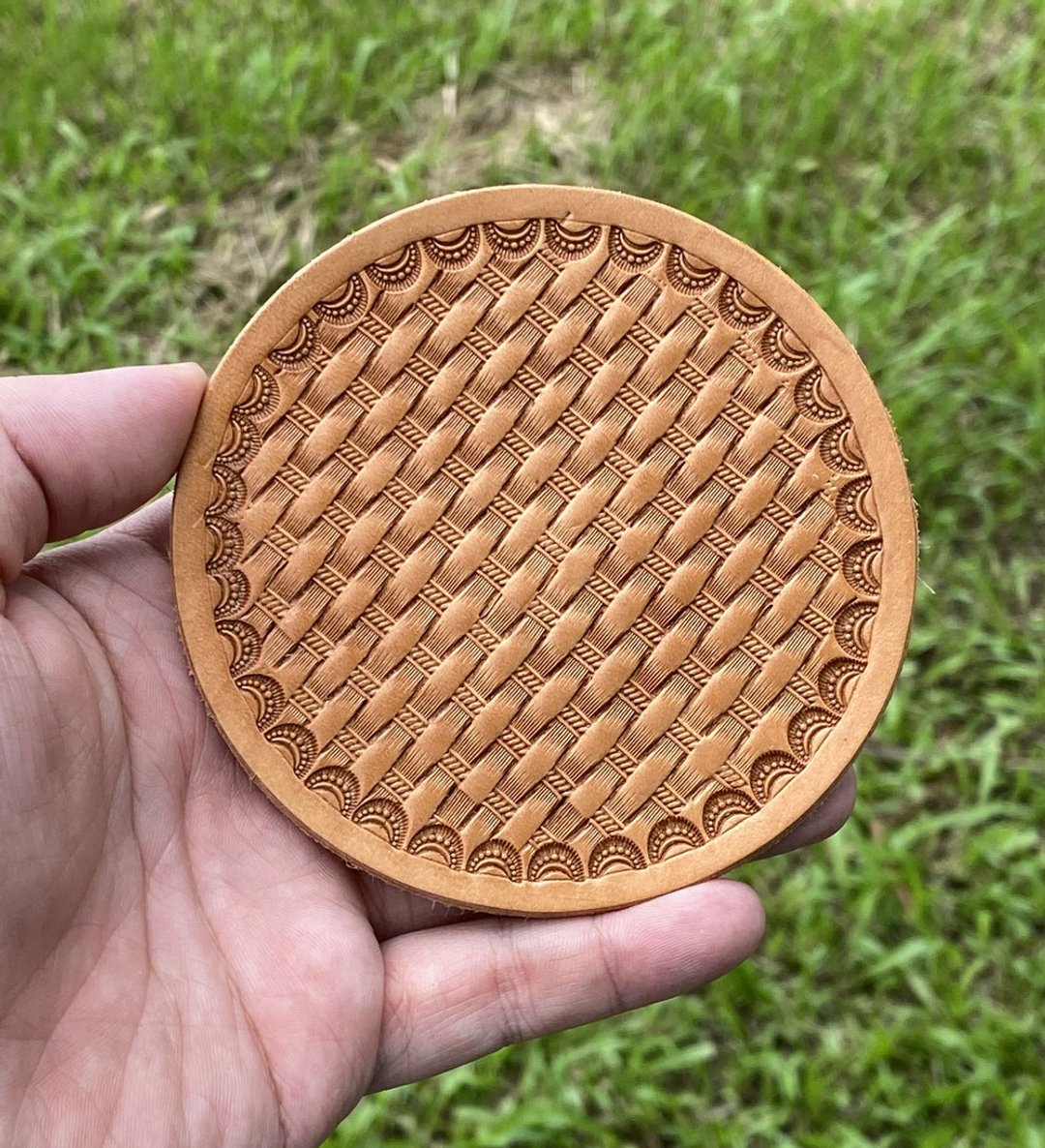 【手工制 】 立体编织纹皮革杯垫(10CM) - 其他 - 真皮 橘色