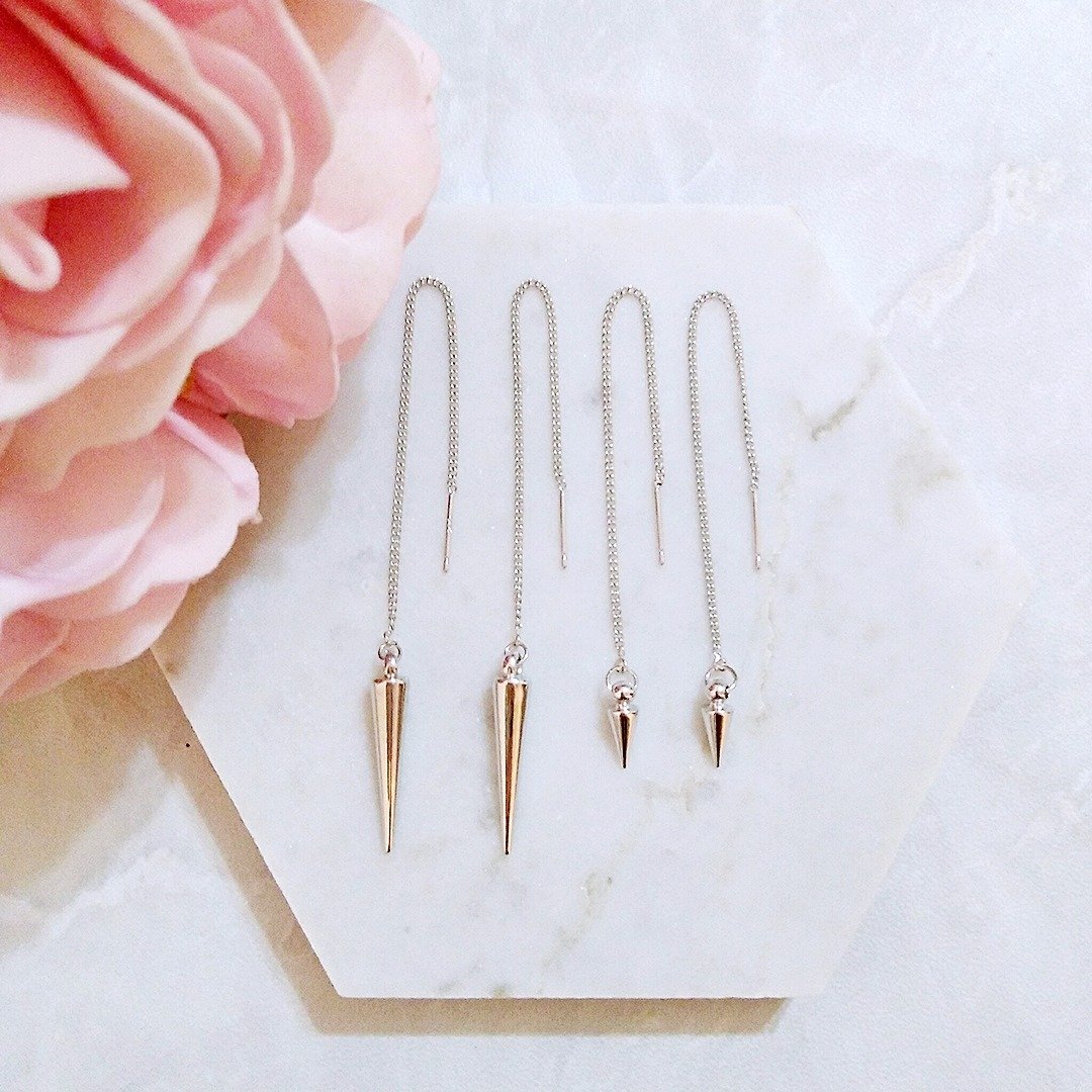 简约庞克铆钉个性穿线耳环 / Minimalist Punk Threader Earrings - 耳环/耳夹 - 其他金属 银色