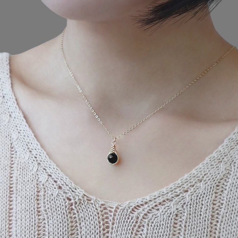 小号黑玛瑙 Herringbone 编织坠 14Kgf 包金项链 地中海之眼 - 项链 - 半宝石 黑色