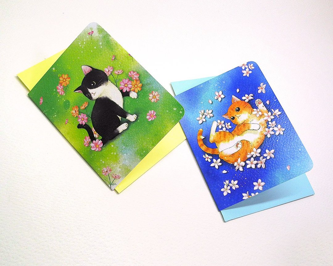 花与猫系列 万用小卡片 - 卡片/明信片 - 纸 蓝色