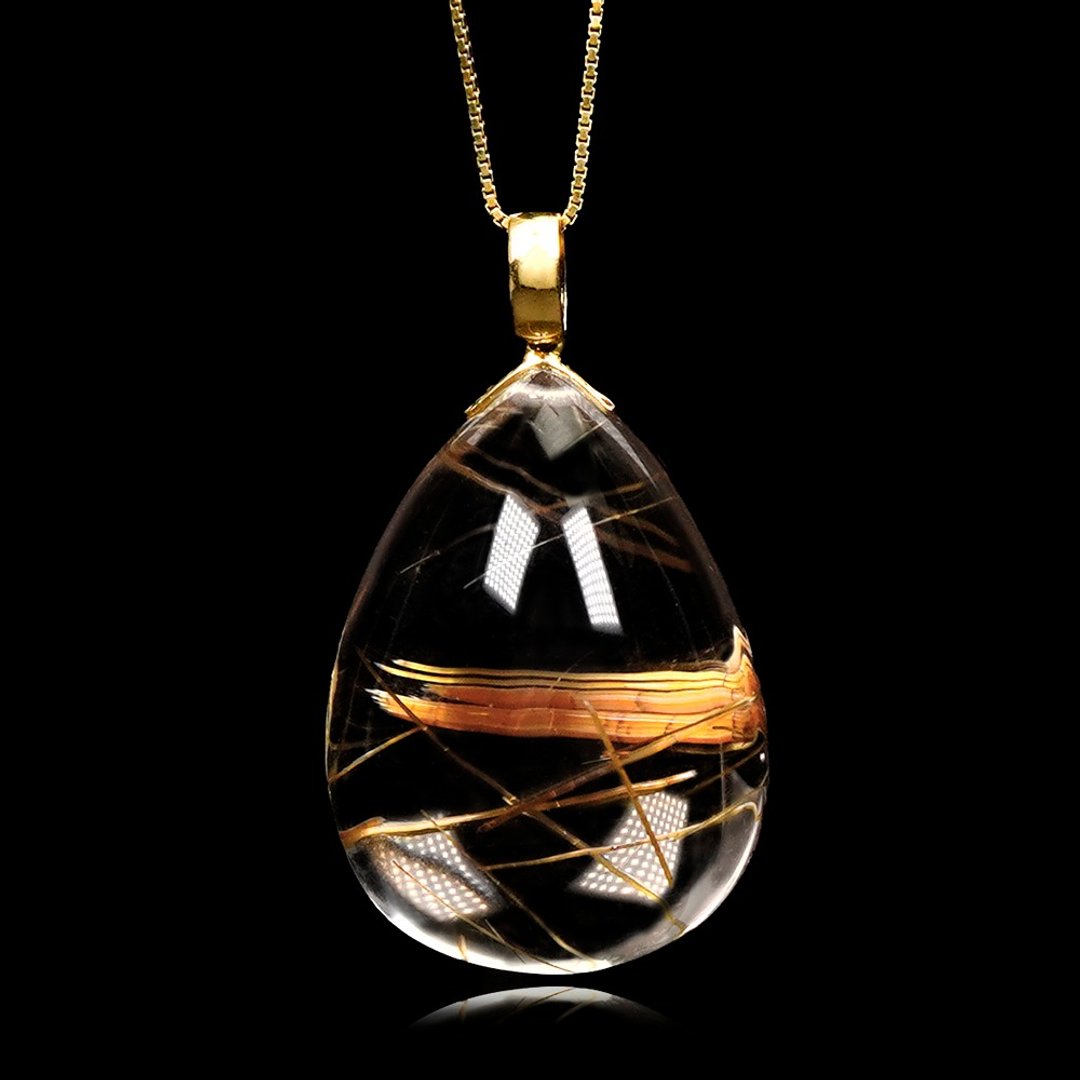 【正佳珠宝】 铜钛晶 顶级净透水滴 12.6g 铜钛晶吊坠 18K金 - 项链 - 半宝石 多色