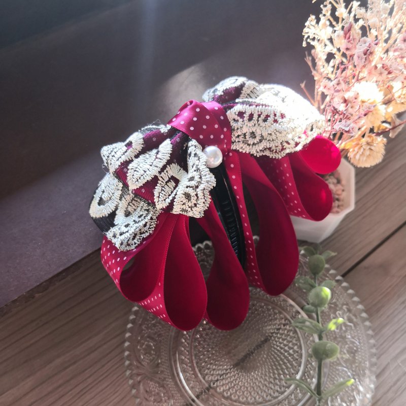 仙女立体香蕉夹- 酒红点点 - 发饰 - 其他材质 红色