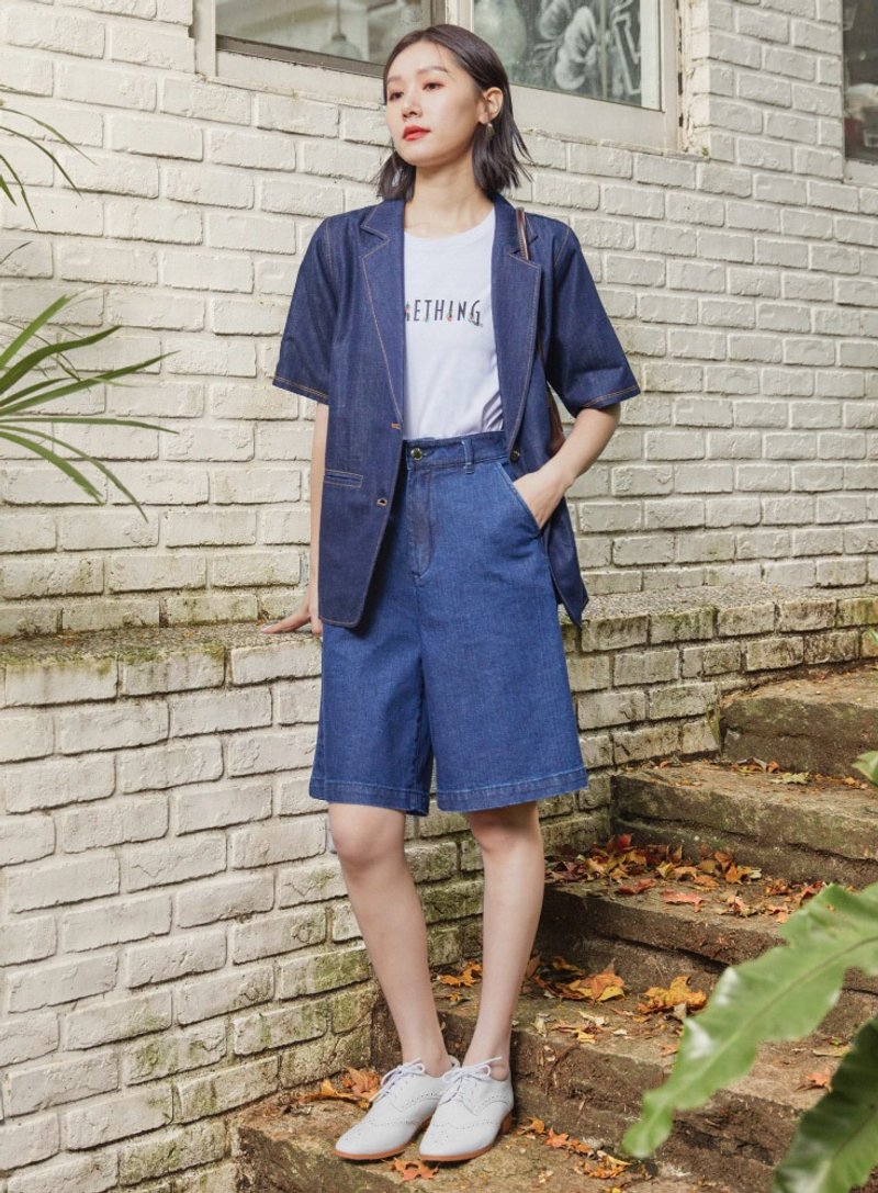 SOMETHING 斜袋基本五分裤(酵洗蓝) #裤子#短裤 - 女装短裤 - 其他材质 蓝色