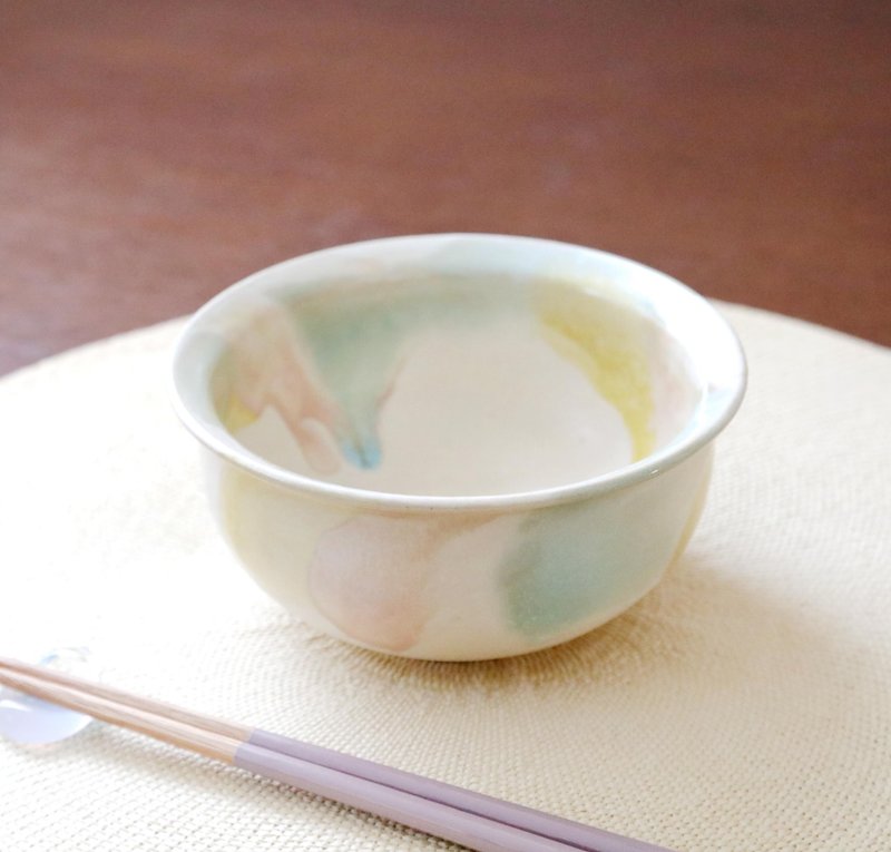 深圆碗，灰白色雾面釉，春三色 - 碗 - 陶 黄色