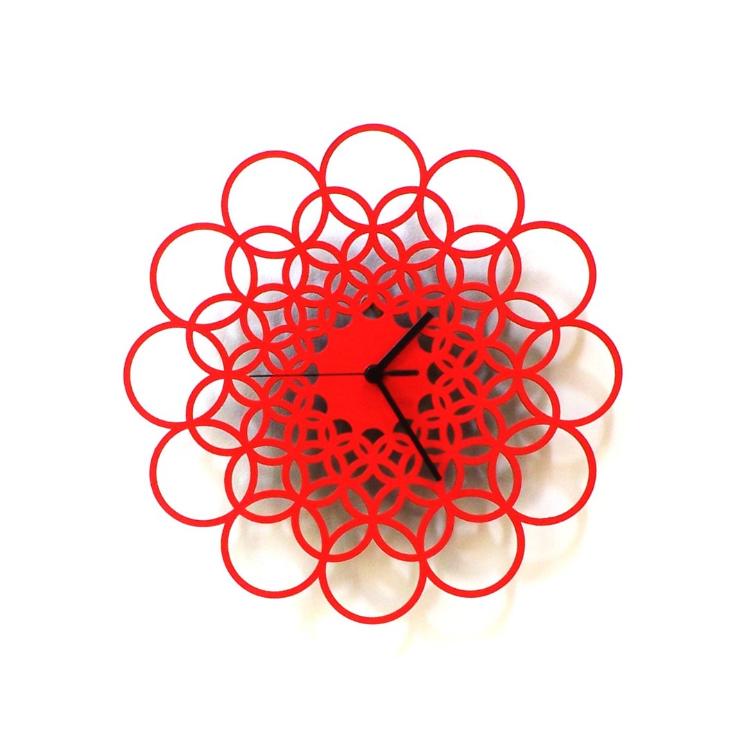 手工制作几何挂钟手绘精美表盘 - Rings红色 - 时钟/闹钟 - 木头 红色