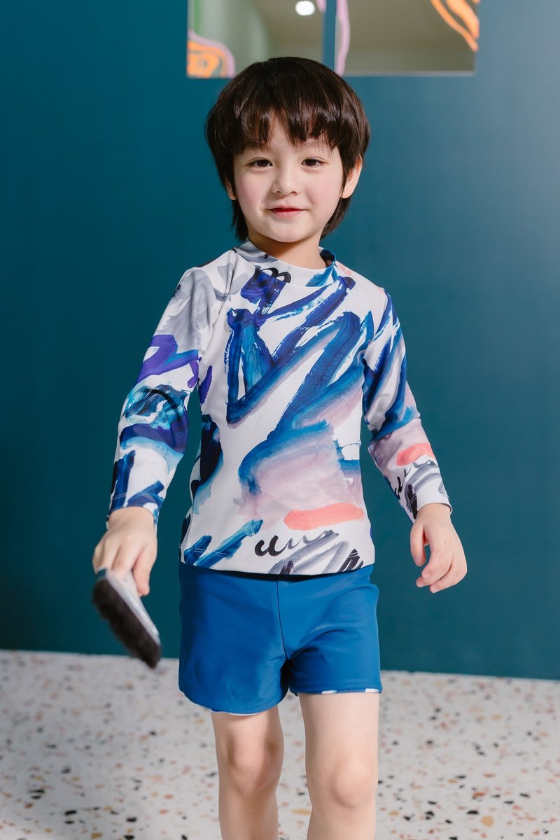 儿童长袖防晒泳衣，笔画图案，搭配三色裤，可双面穿。 - 泳衣/游泳用品 - 尼龙 多色