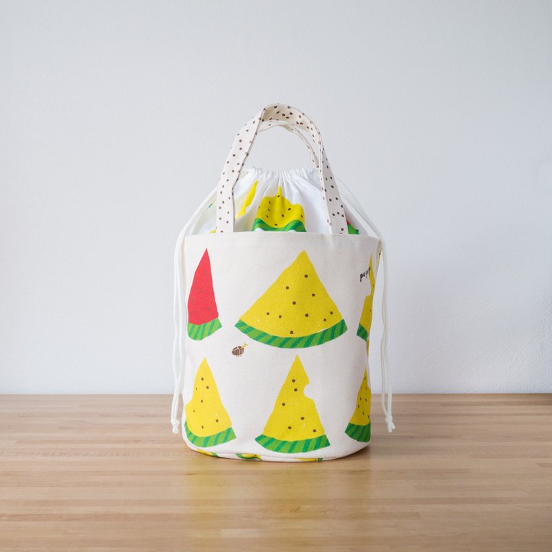 Bucket type tote bag yellow watermelon - 手提包/手提袋 - 棉．麻 粉红色