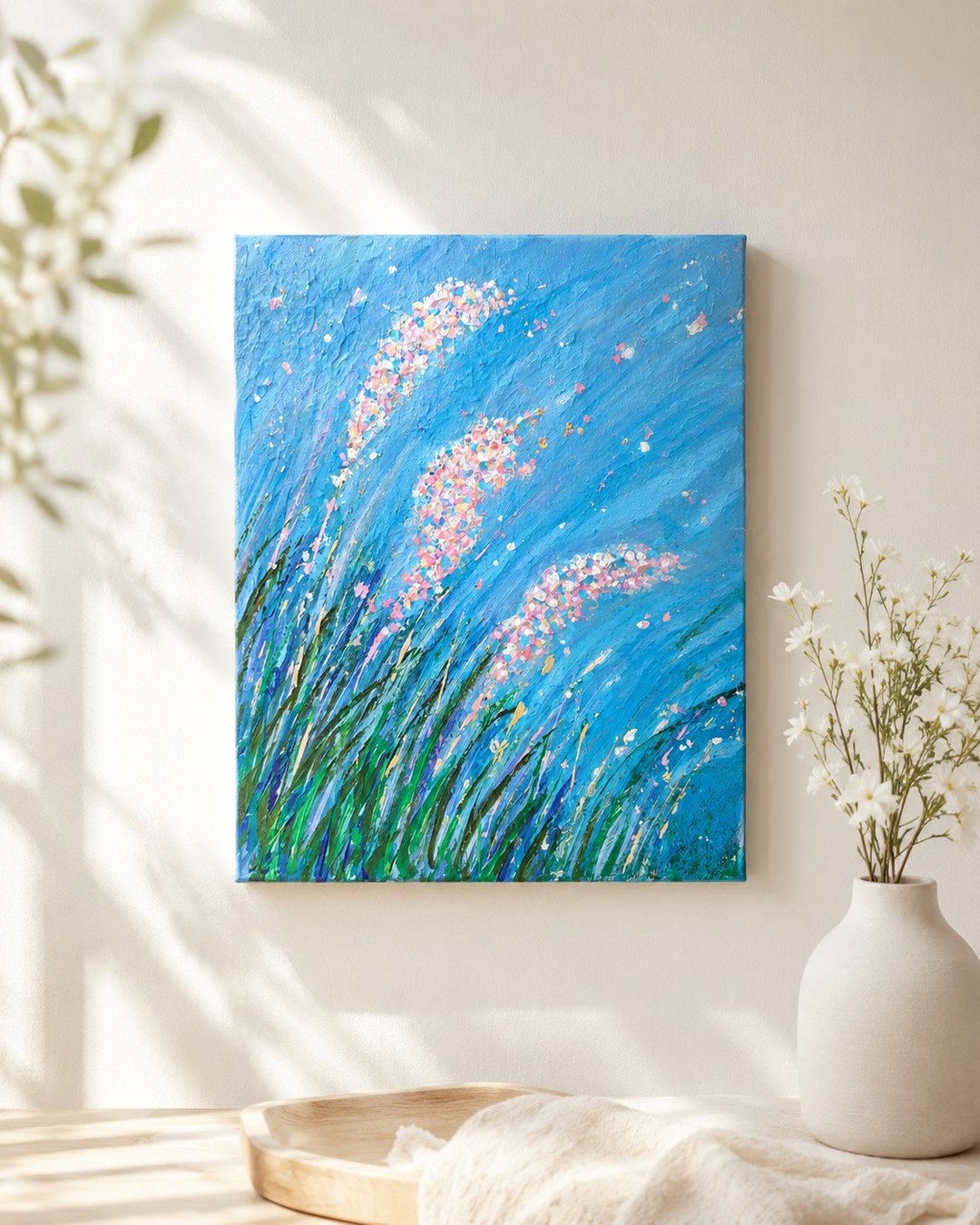 【随风自在】蓝色花卉抽象挂画 -20×25 压克力原作 - 摆饰 - 棉 