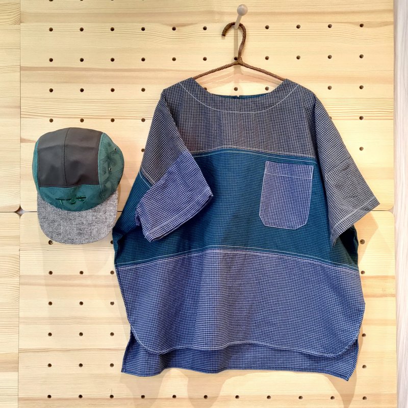 小牛村 手工制作 棉麻 拼接 短袖上衣 / 蓝绿细格拼衣 - 女装上衣 - 棉．麻 蓝色
