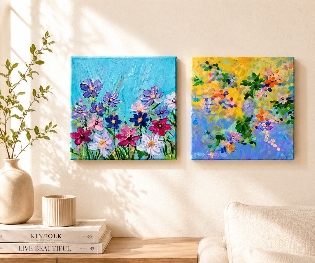 【花都开好了】疗愈花卉双幅 20×20 压克力手绘原作 - 海报/装饰画/版画 - 棉 