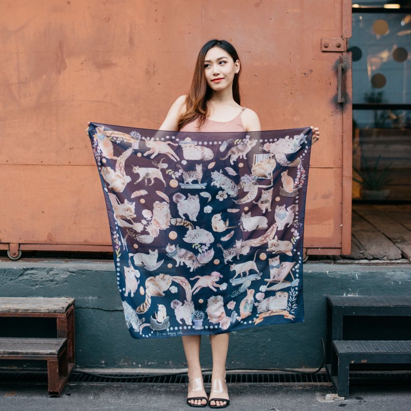 /赠猫咪明信片/ 我们是欢乐猫咪 - 手工丝巾/围巾 (海军蓝色) - 丝巾 - 聚酯纤维 蓝色