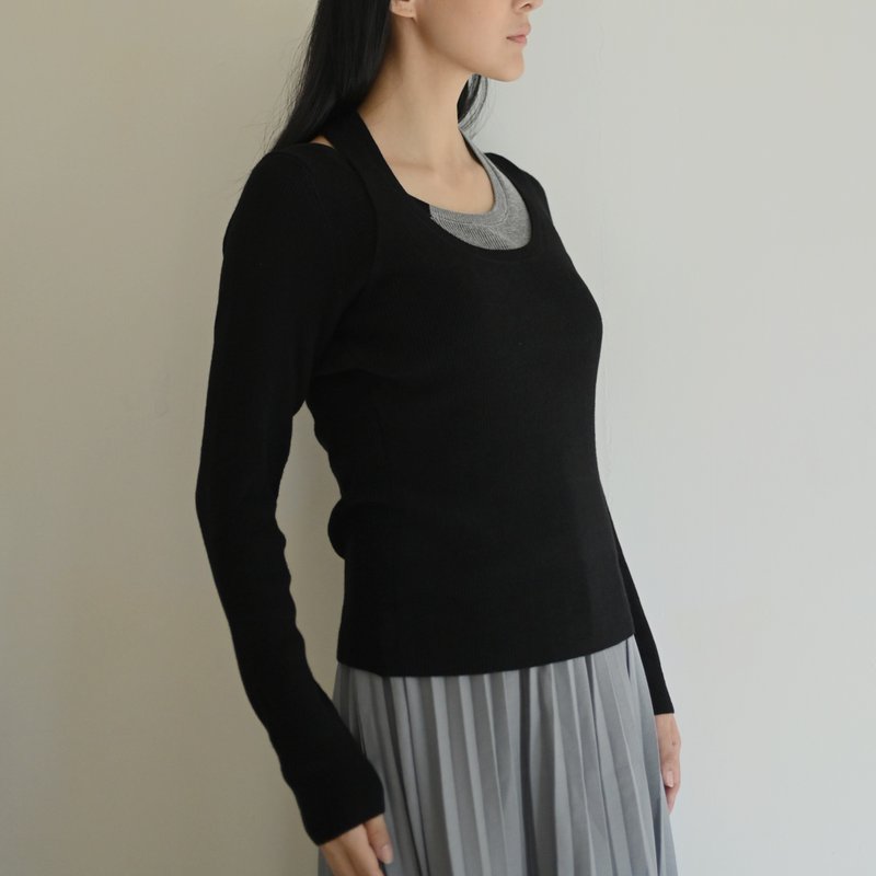 挂脖拼色针织上衣-30%羊毛-黑色 - 女装上衣 - 聚酯纤维 黑色