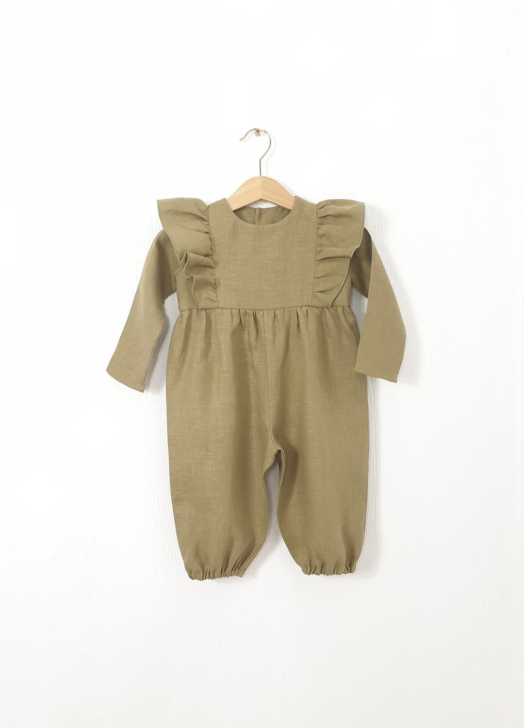 Natural linen ruffle romper with long sleeve, boho romper for baby girl - 包屁衣/连体衣 - 棉 多色