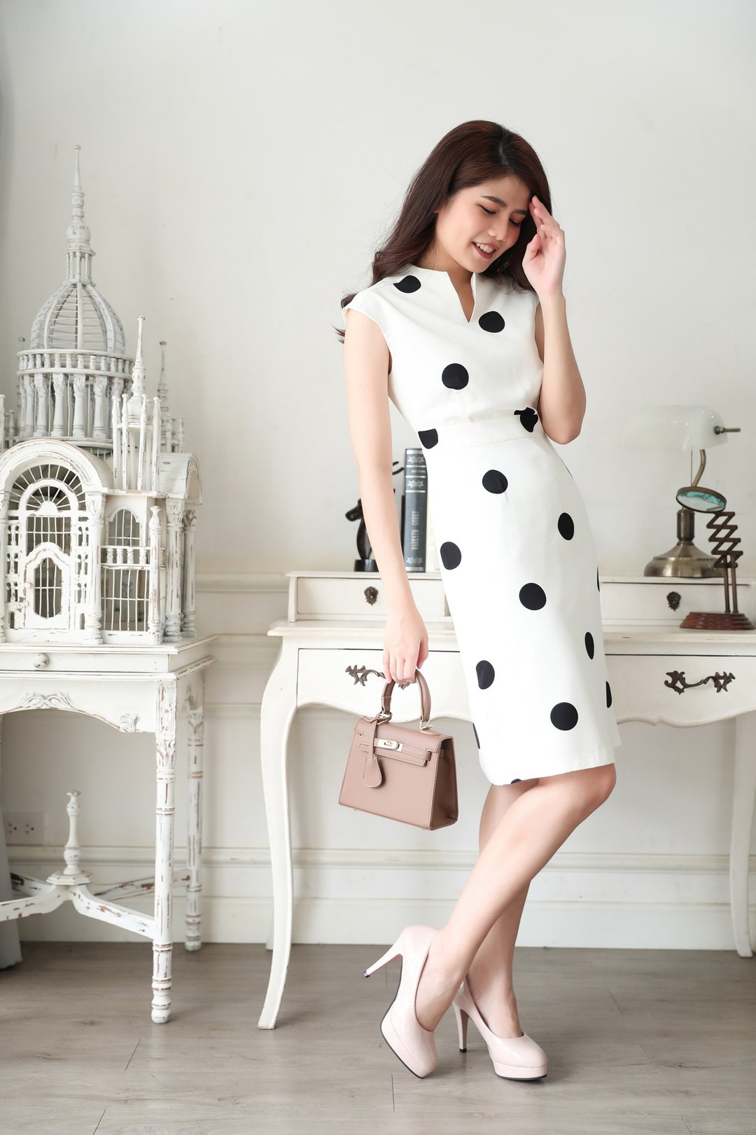 Fitted Dress Customizable Dress - Black and White Polka dot - 洋装/连衣裙 - 聚酯纤维 白色