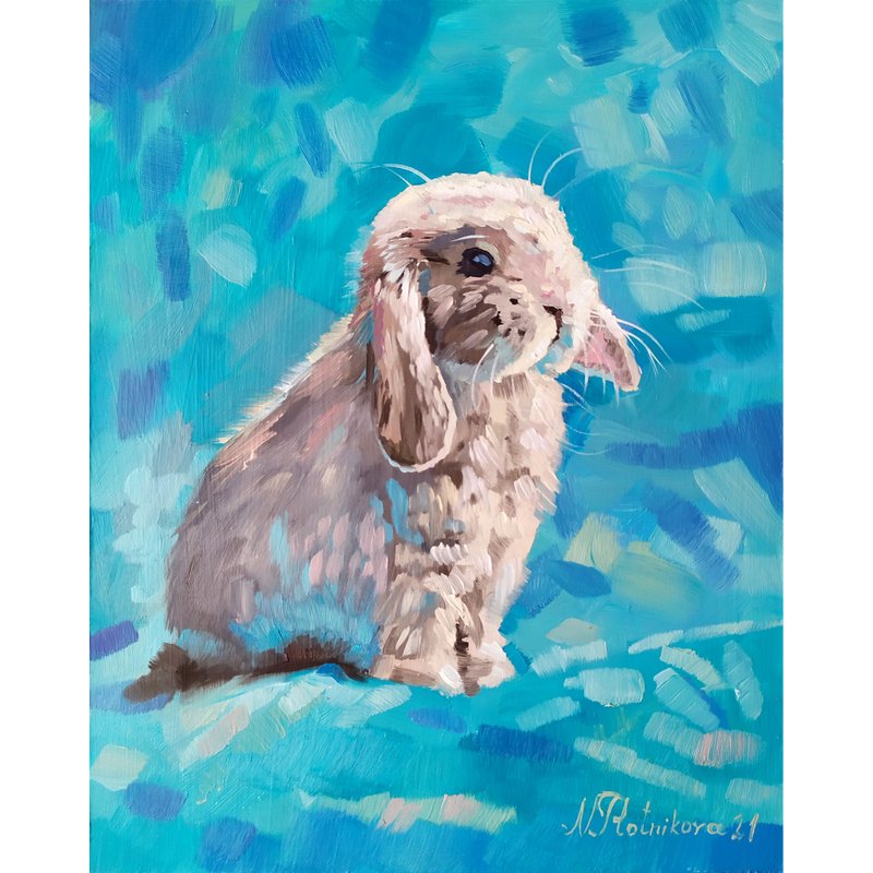 Rabbit painting Animal Original Art Bunny Artwork Hare fine art oil painting - 海报/装饰画/版画 - 其他材质 蓝色