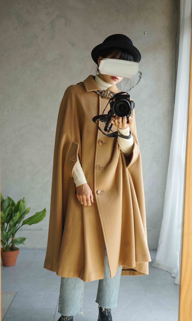 寻宝古着-DAKS经典驼色格纹毛斗篷 - 女装休闲/机能外套 - 羊毛 卡其色