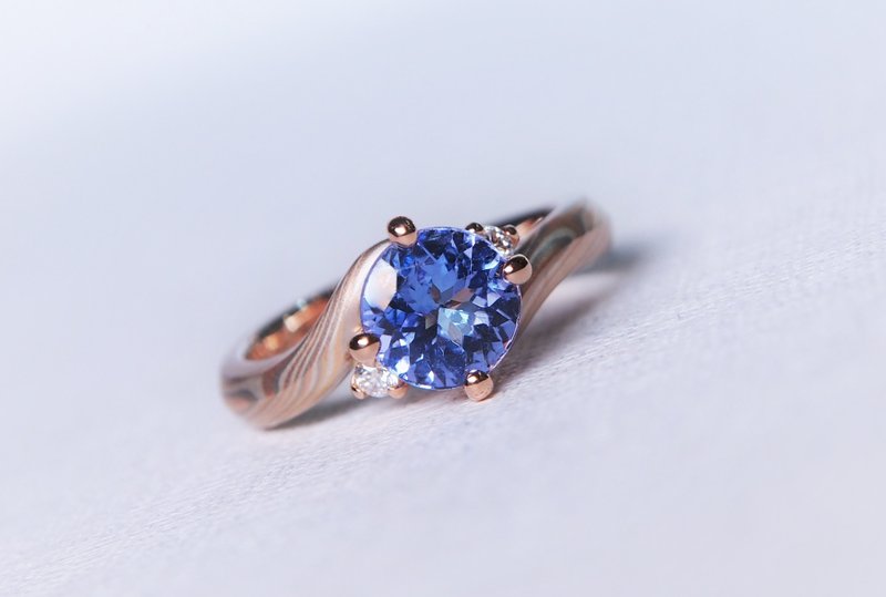 木目金 求婚戒 / 丹泉石 钻石 / K金材质 / 木目金戒指 / 木纹金 - 戒指 - 玫瑰金 多色