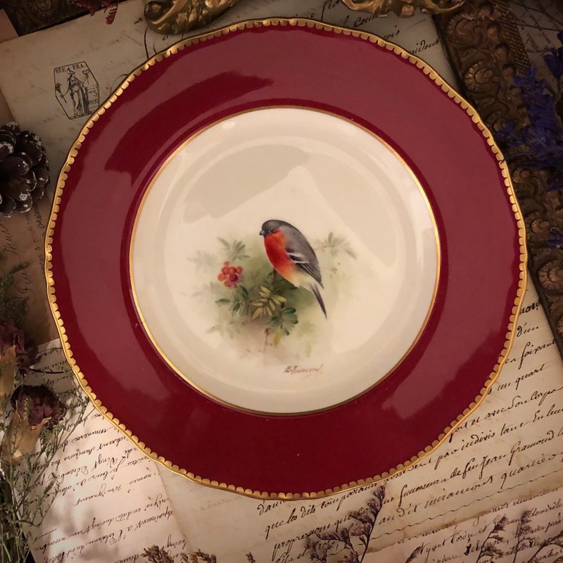 Royal Worcester 顶尖画师E. Townsend手绘红腹灰雀红釉瓷盘 - 其他 - 瓷 白色