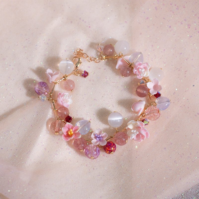 繁花泡泡浴系列水晶手链: 百合牡丹猫眼石 - 手链/手环 - 水晶 粉红色