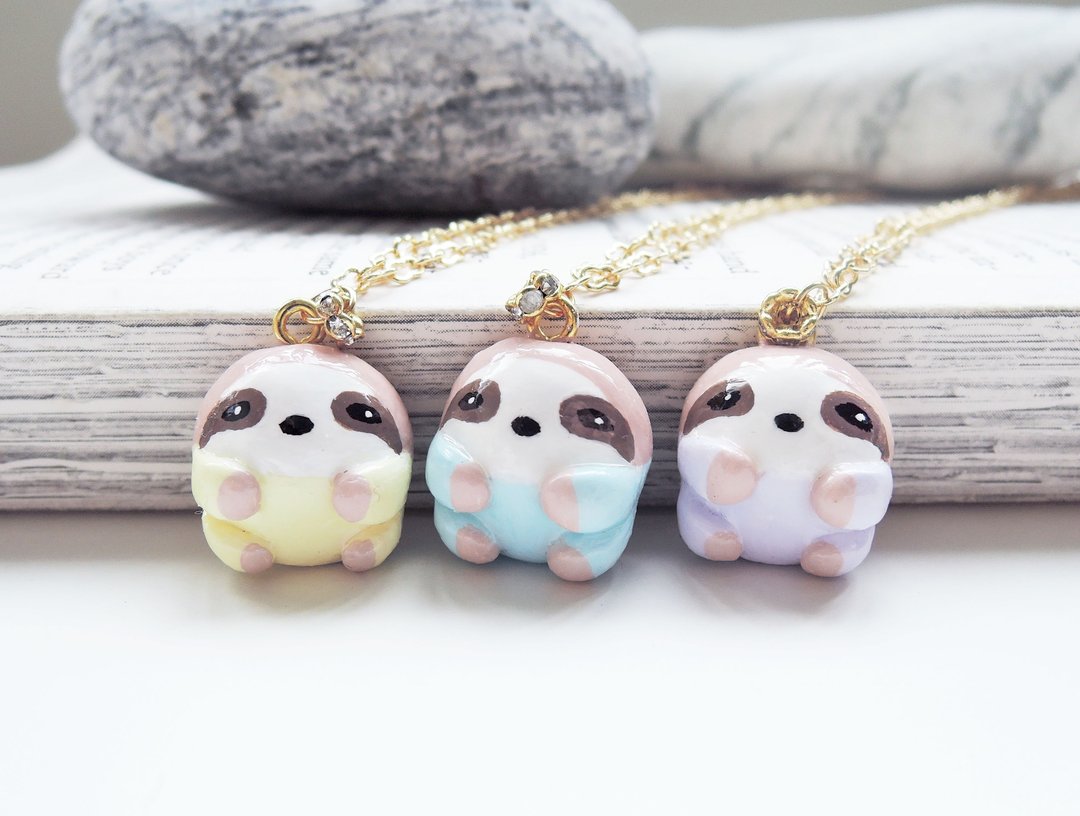 童话小动物 ♥ 树懒小宝贝钻石项链 树懒 动物 手作可爱项链 - 项链 - 粘土 蓝色