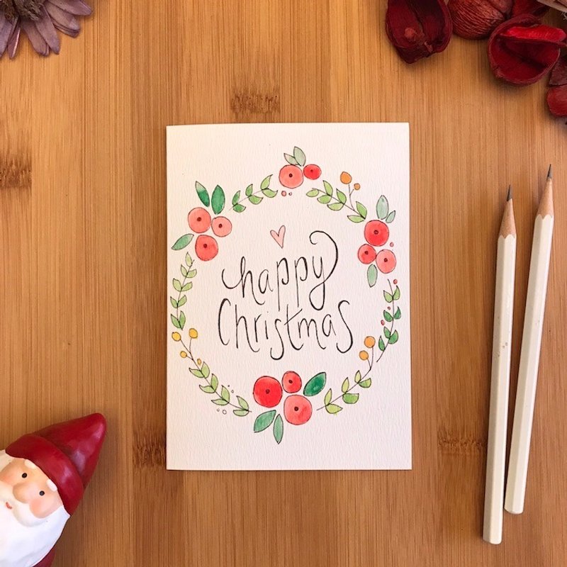 HAPPY CHRISTMAS WREATH 圣诞卡 手绘插画 环保纸材 英国进口卡片 C041 - 卡片/明信片 - 纸 