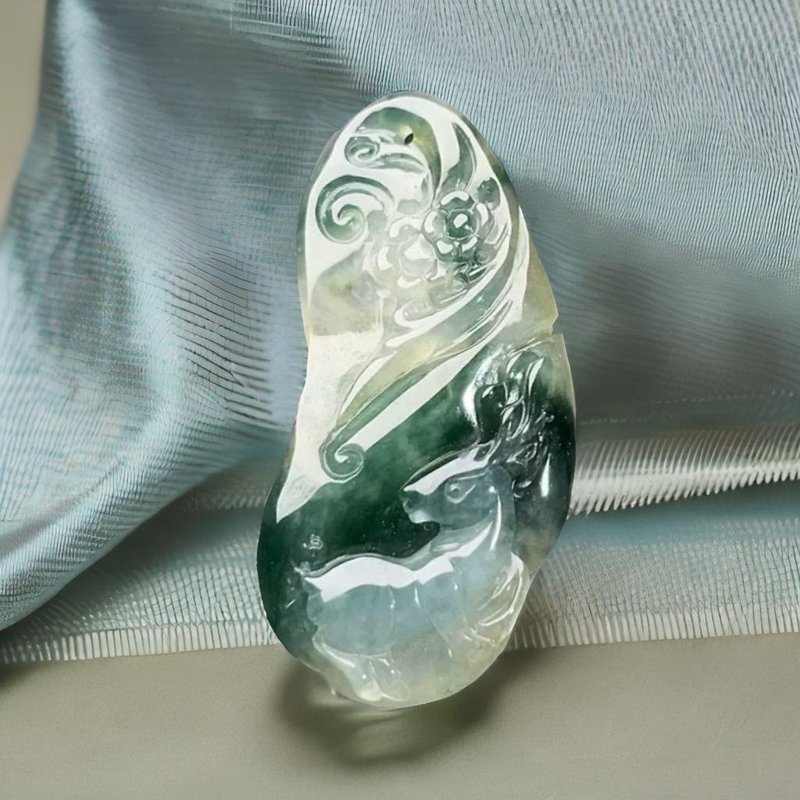 冰种飘花翡翠一鹿有您项链 | 天然缅甸翡翠A货 | 送礼 - 项链 - 玉石 绿色