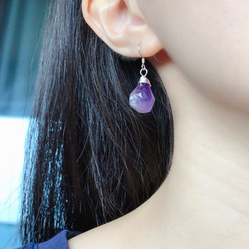 福利品紫水晶耳环纯银不规则形 - 耳环/耳夹 - 水晶 紫色