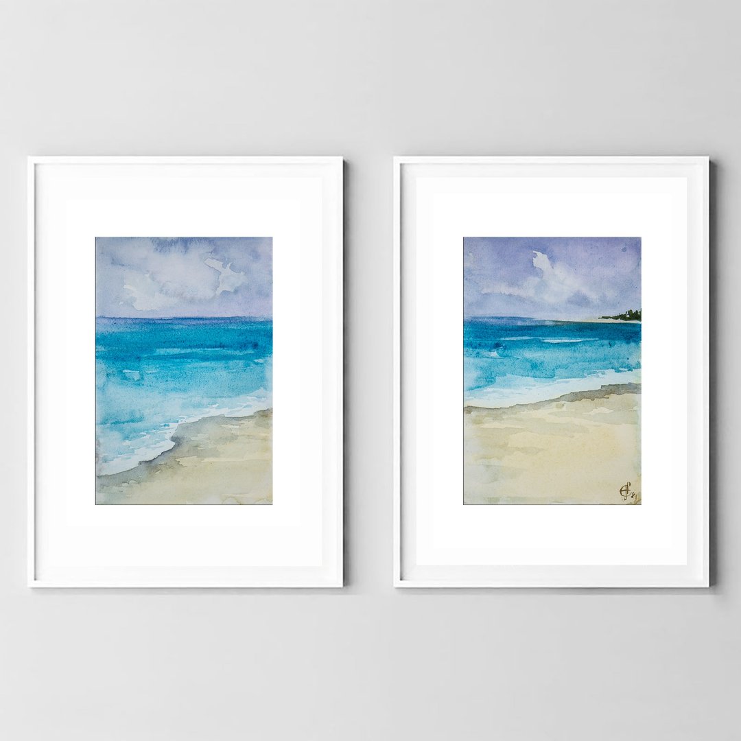 Seascape Painting 2 set Watercolor Original Art Beach Watercolor Hand-Painted - 海报/装饰画/版画 - 纸 蓝色