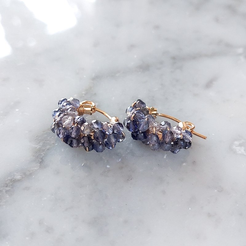 14Kgf Iolite wrapped hoop pierced earrings / clip on earrings - 耳环/耳夹 - 宝石 蓝色