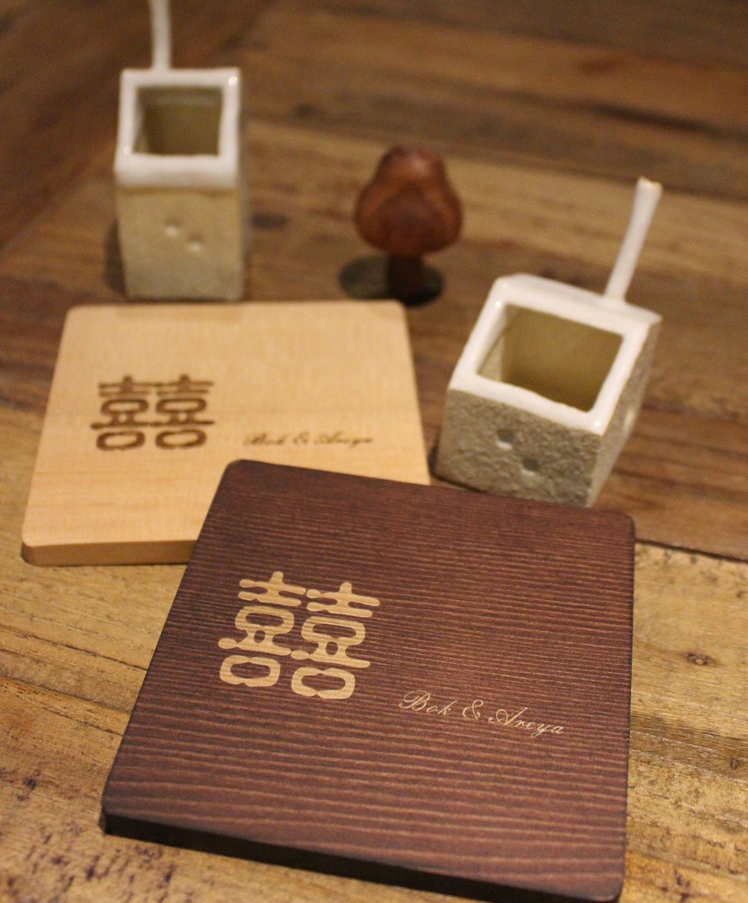 囍 - 和   定制化 结婚礼物 婚礼小物 (2入盒装) - 摆饰 - 木头 卡其色