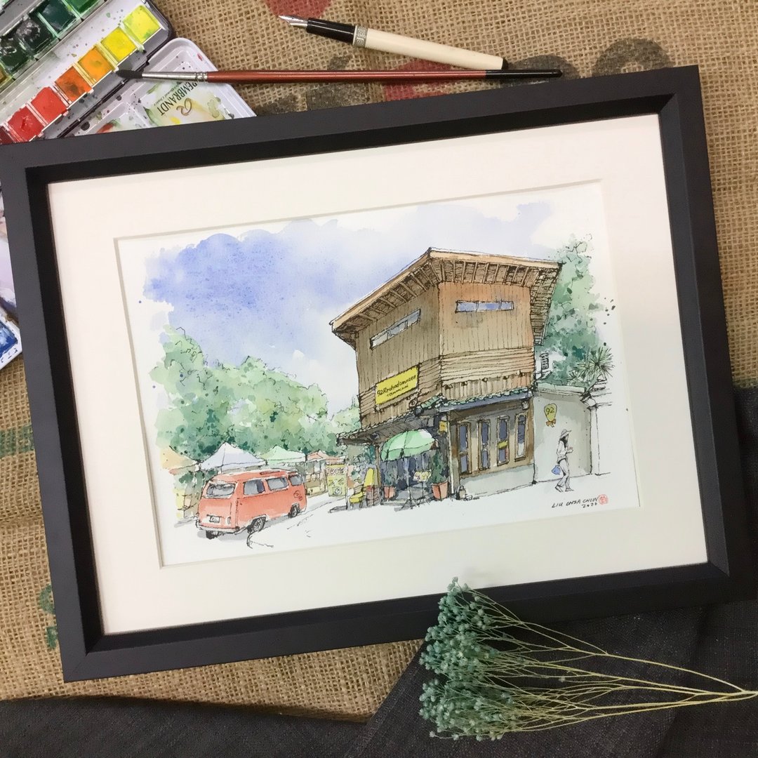 街角咖啡厅/清迈/手绘原创/淡彩/含画框 - 海报/装饰画/版画 - 纸 咖啡色