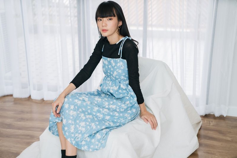 Bloom Blue Floral Dress - 洋装/连衣裙 - 棉．麻 蓝色