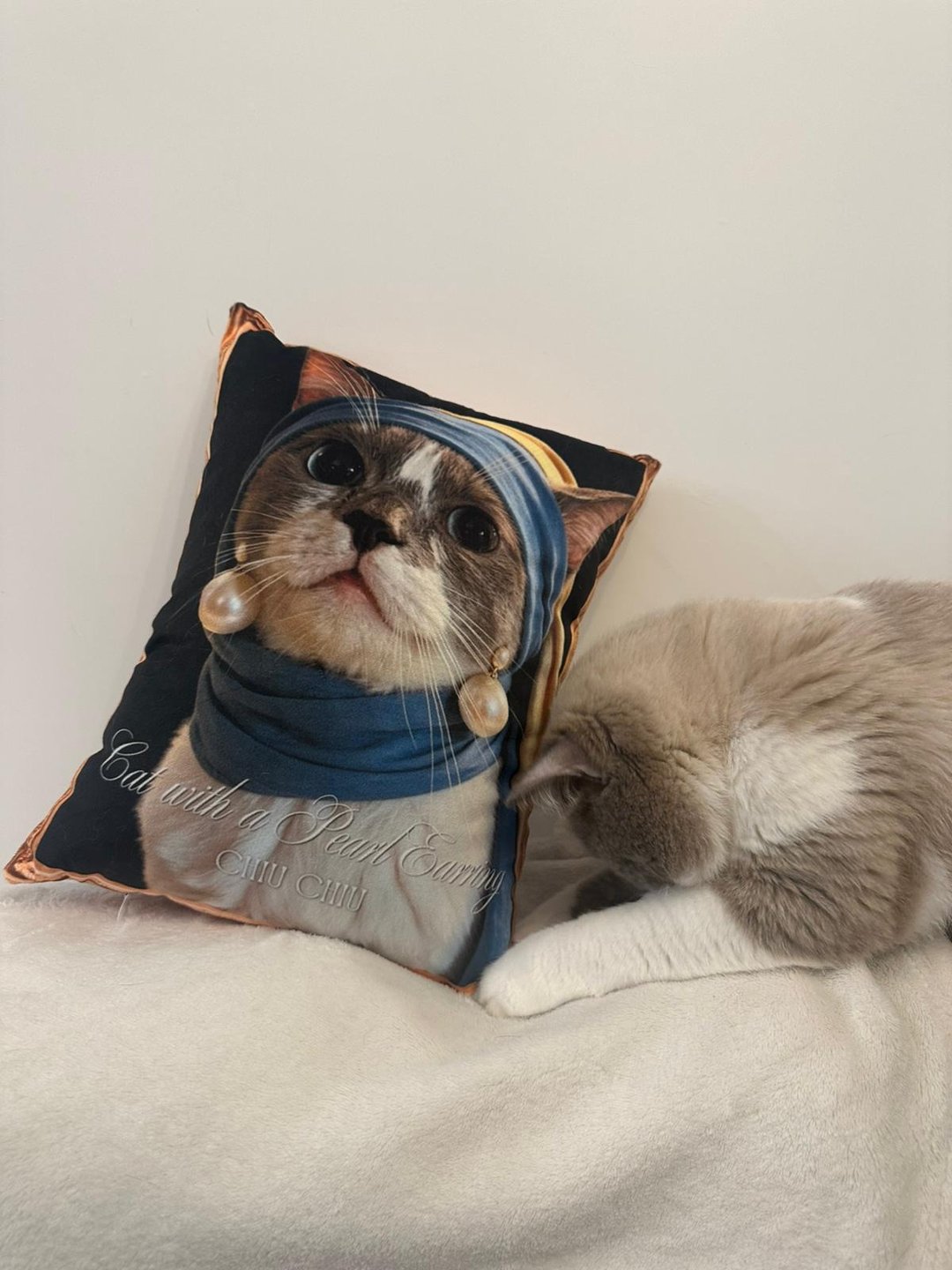 【新品】萌宠入画 戴珍珠耳环的猫咪 古典画系列抱枕靠枕午睡枕 - 枕头/抱枕 - 聚酯纤维 咖啡色