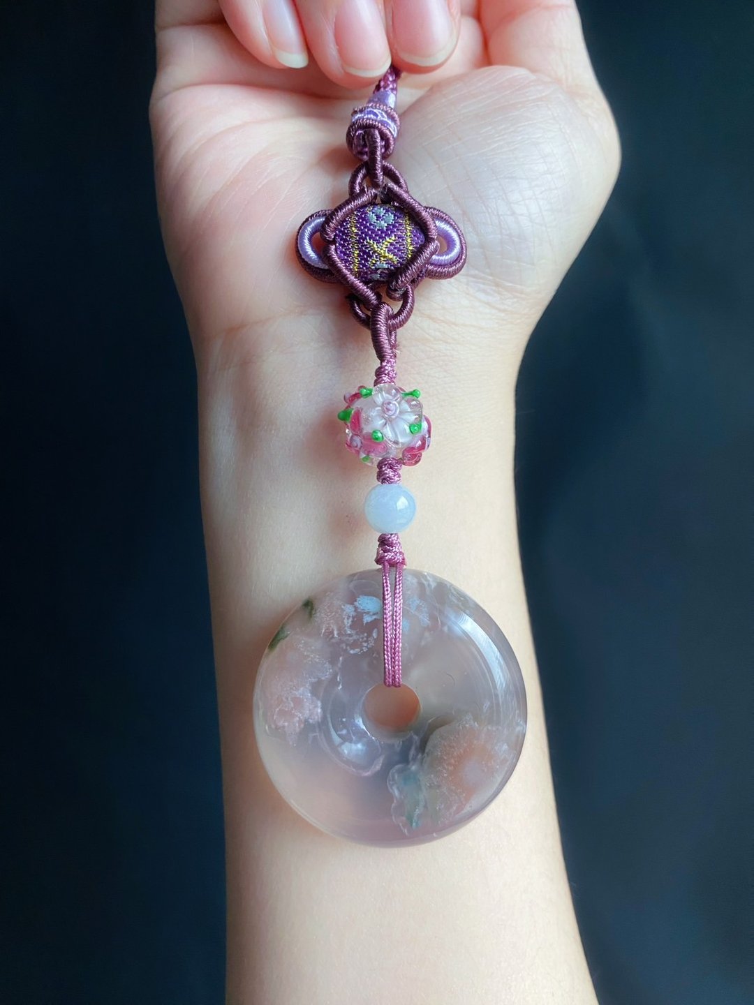 樱花玛瑙 翡翠 冰透奶奶灰水中花 水晶 琉璃 平安扣 包挂 - 挂绳/吊绳 - 水晶 紫色