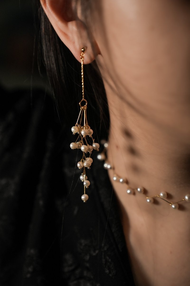 法式珍珠花式折角耳环 - 耳环/耳夹 - 纯银 金色