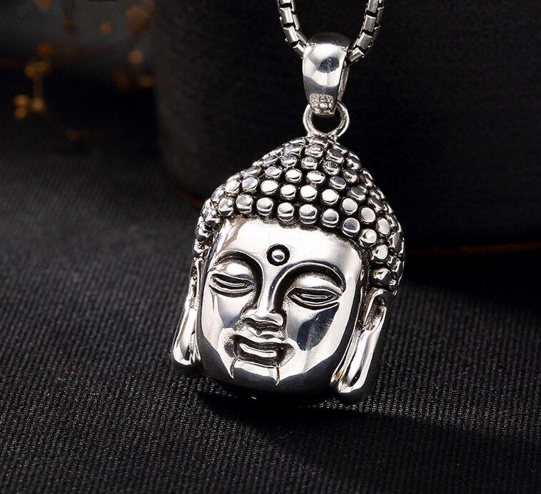 Real 925 Sterling Silver Unisex Buddha Head Necklace without Chain Handmade - 长链 - 纯银 银色