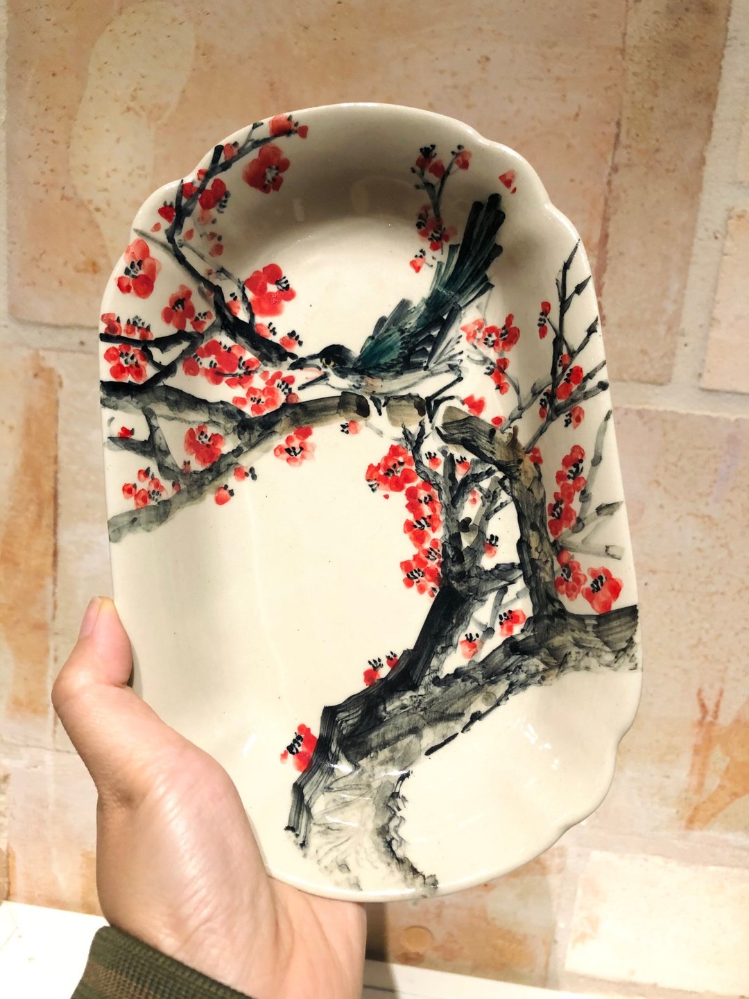 纯手工绘制盘 鸟语花香 陶瓷 高温烧制 水墨风 仅此一件 - 盘子/餐盘/盘架 - 瓷 红色