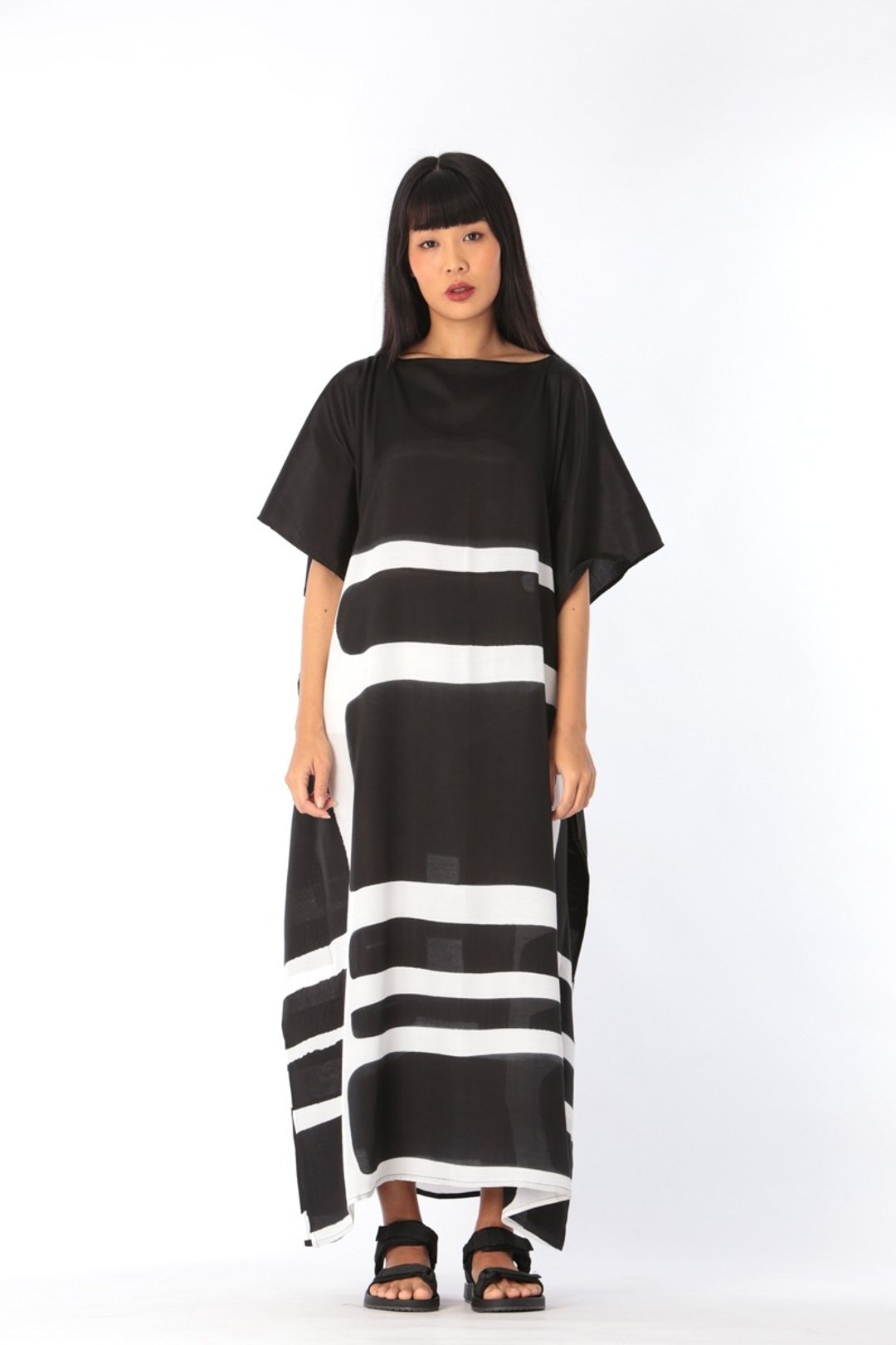 Hand Painted Cotton Silk Kaftan for Summer Resort Vacation F - 洋装/连衣裙 - 棉 黑色
