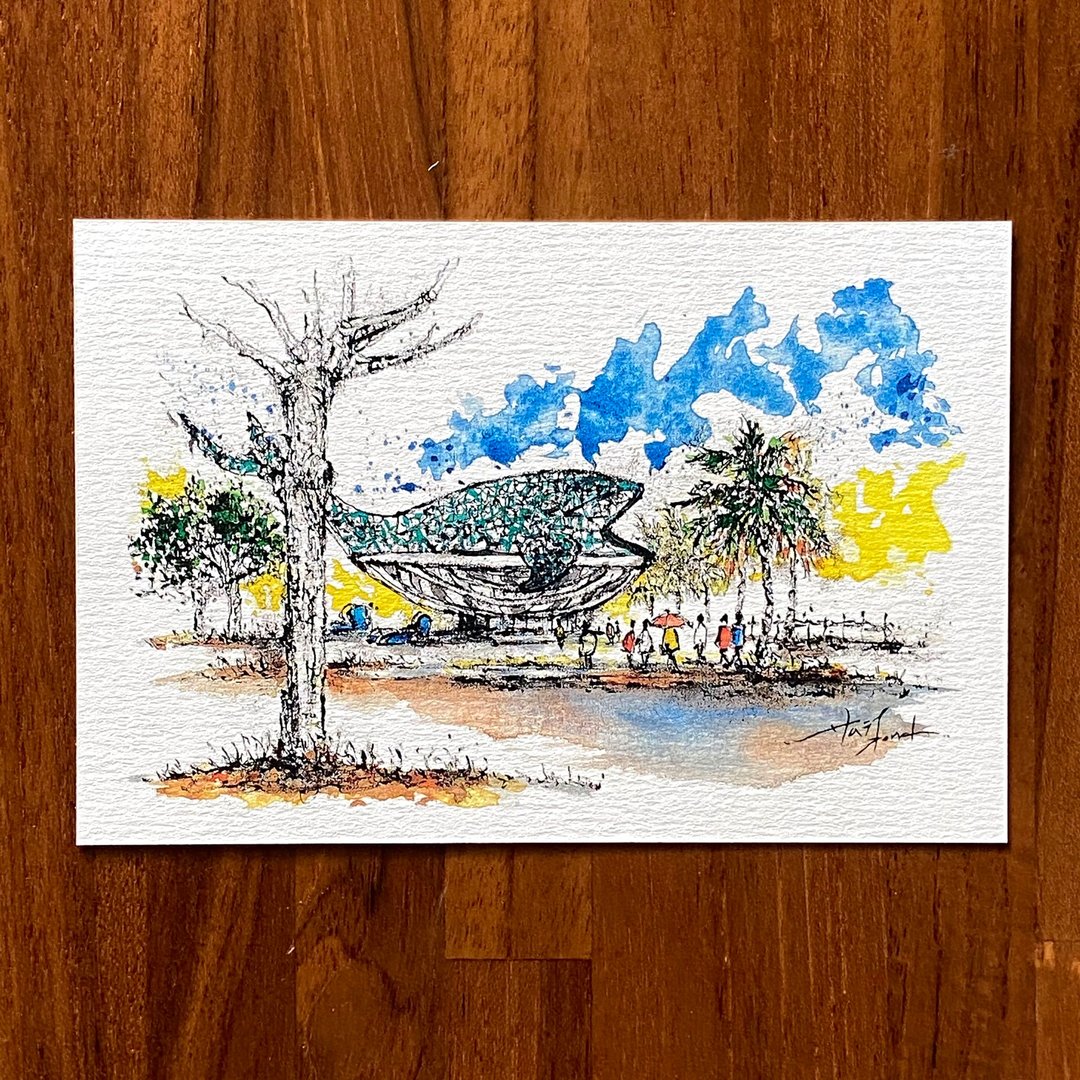 枯枝笔速写 台南景点 大鱼的祝福 水彩 插画 手绘明信片 - 卡片/明信片 - 纸 