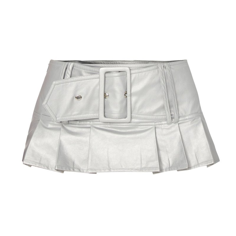 銀色皮裙 【低腰超短百褶裙褲】 - 裙子 - 其他材质 银色