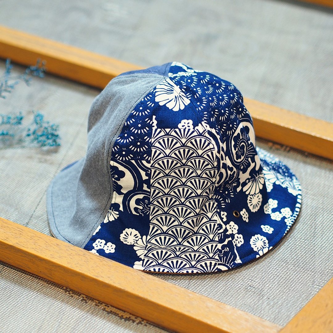 小牛村 手工帽子 双面遮阳帽 青海波图腾【日文样】HM-56 - 帽子 - 棉 蓝色
